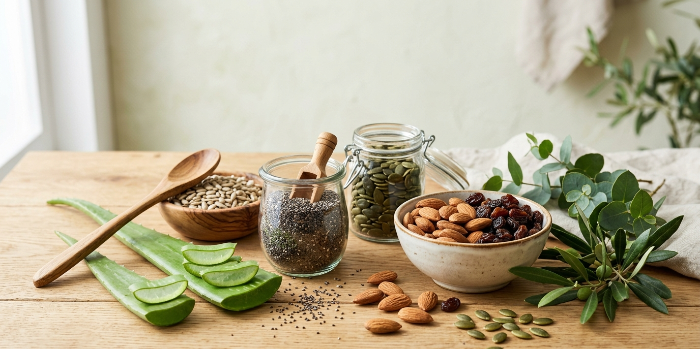 Natural seeds, nuts and ingredients on a wooden table