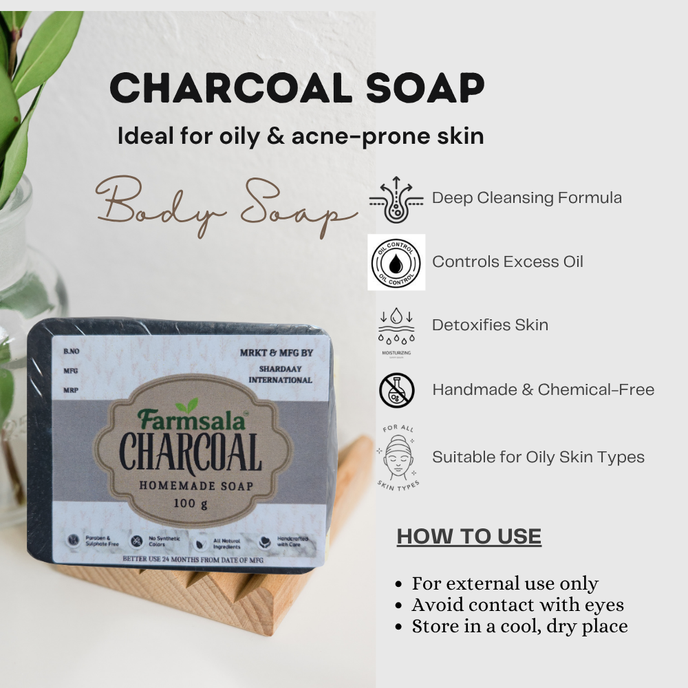 Farmsala Activated Charcoal Soap | Deep Cleansing & Oil Control | Tea Tree & Aloe Vera