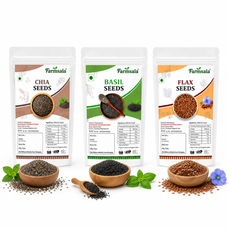 Basil, Flax & Chia Seeds Combo | Omega-3, Protein & Fiber Rich 3-in-1 Superfood | 600g