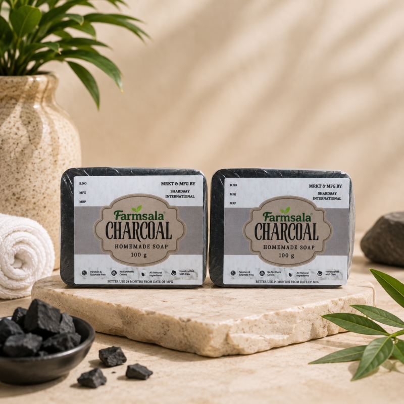 Farmsala Activated Charcoal Soap | Deep Cleansing & Oil Control | Tea Tree & Aloe Vera