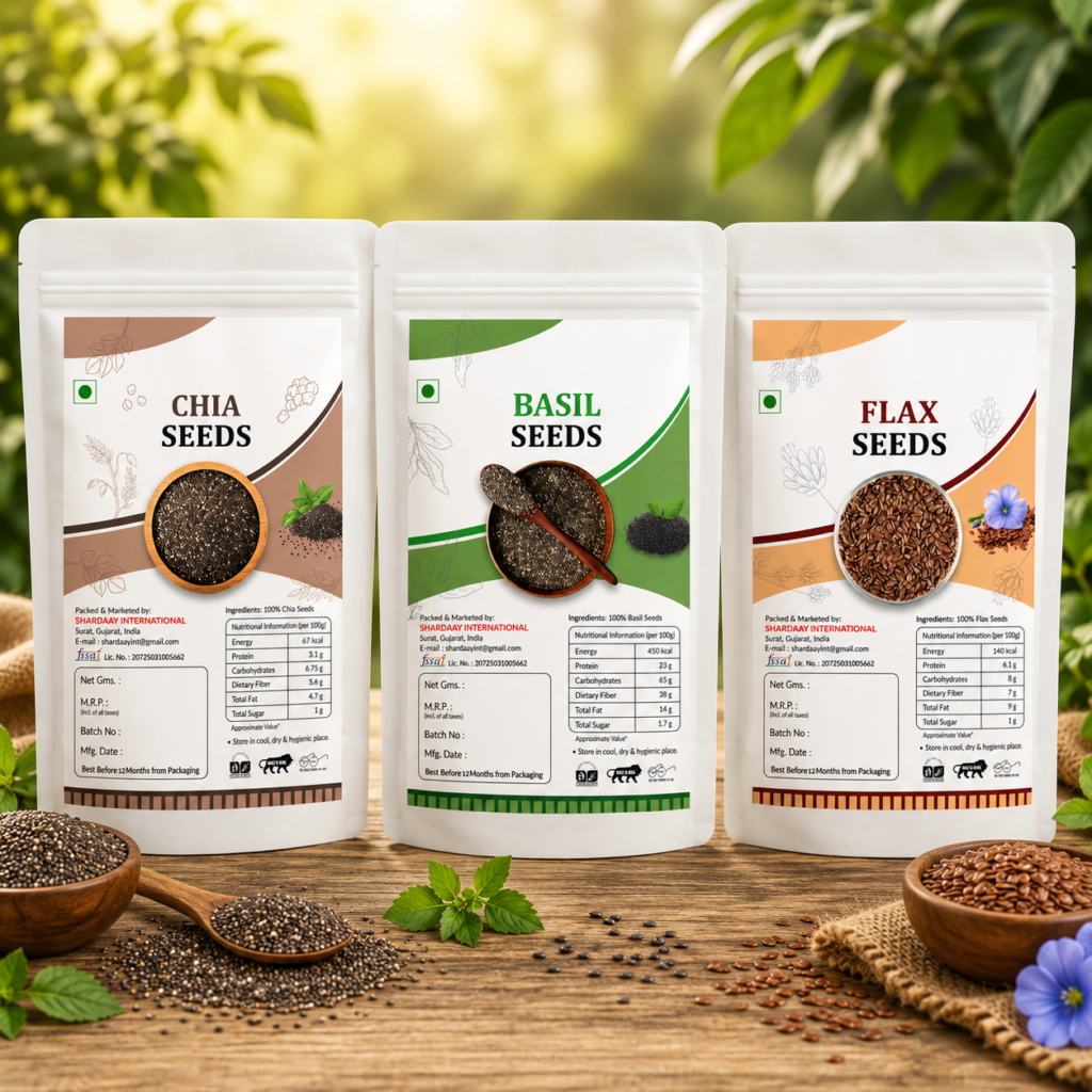 Basil, Flax & Chia Seeds Combo | Omega-3, Protein & Fiber Rich 3-in-1 Superfood | 600g