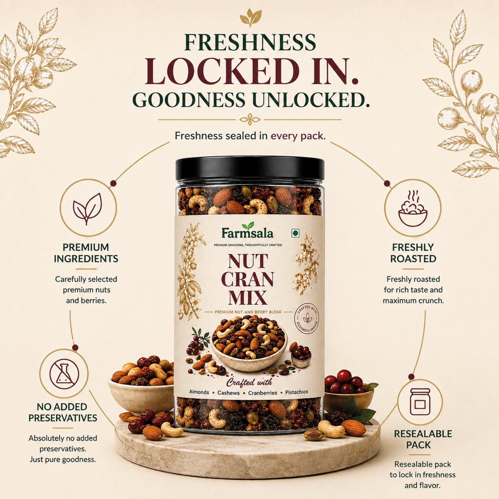 Nut Cran Mix – Premium Almonds, Cashews, Pistachios & Cranberries | Healthy Dry Fruit Snack -400 G